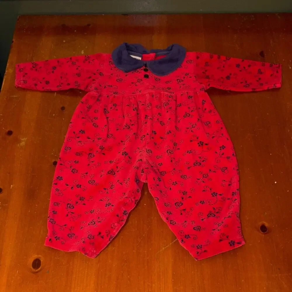 Baby Girl Clothes Vintage Oshkosh 24 Month Red & Blue Ivy Velour Outfit